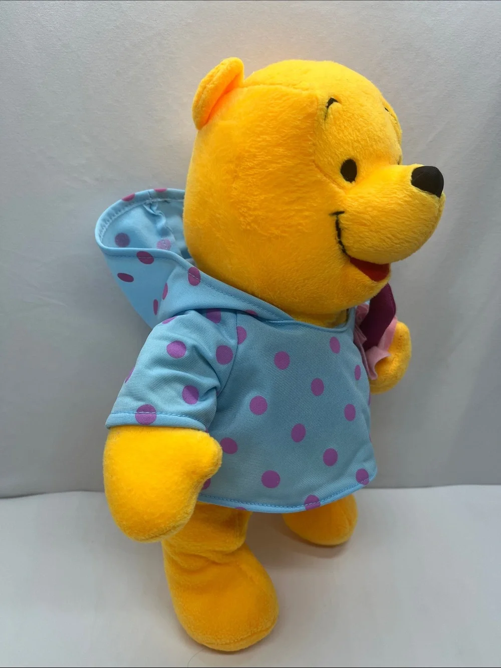 Disney Winnie The Pooh Plush With Blue Polka Dot Raincoat and Umbrella-